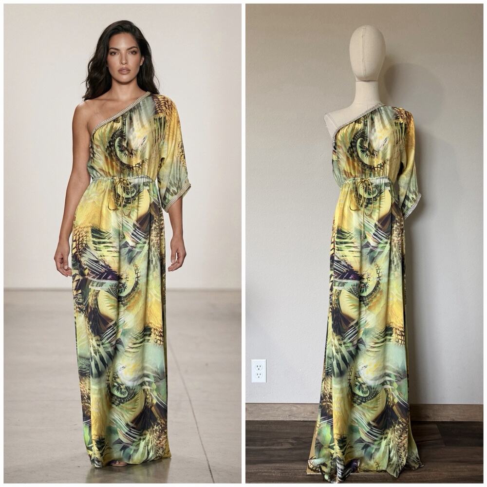 Baccio Couture Italy Sz M Rhinestone 100% Silk One Shoulder Maxi Dress Stunning!